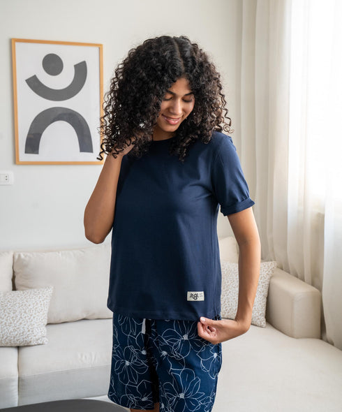 Women summer pajama set Dark blue Tee + Magnolia floral shorts